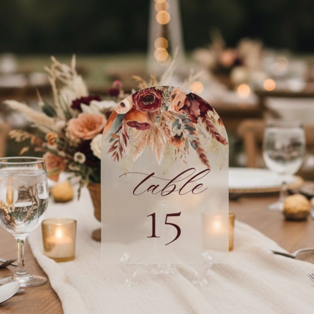 Terracotta Burgundy Florals Pampas Table Number (Creator Uploaded)