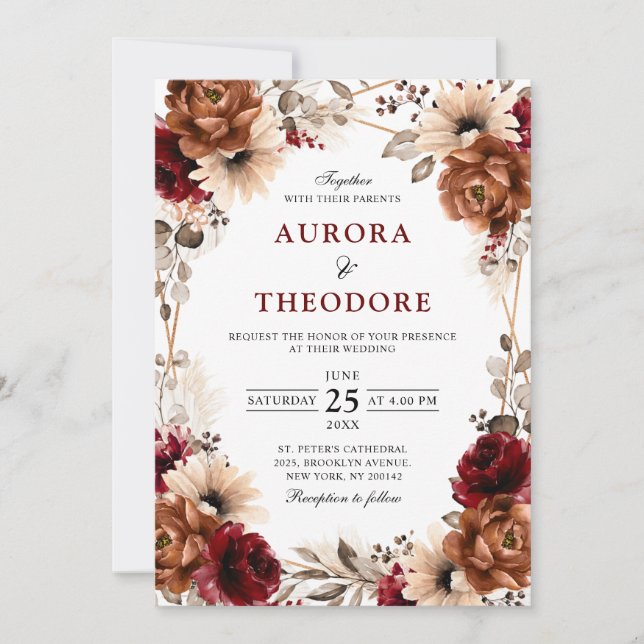 Terracotta Burgundy Mauve Floral Geometric Wedding Invitation (Front)