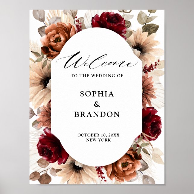 Terracotta Burgundy Mauve Floral Geometric Welcome Poster (Front)