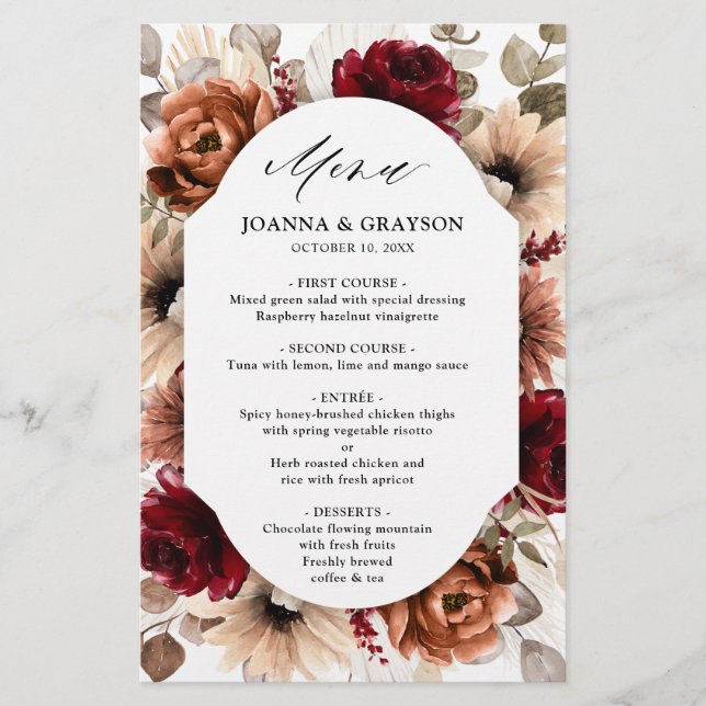 Terracotta Burgundy Mauve Floral Wedding Menu      (Front)