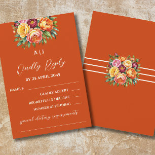 Terracotta Burgundy Peony Roses Floral Wedding  RSVP Card