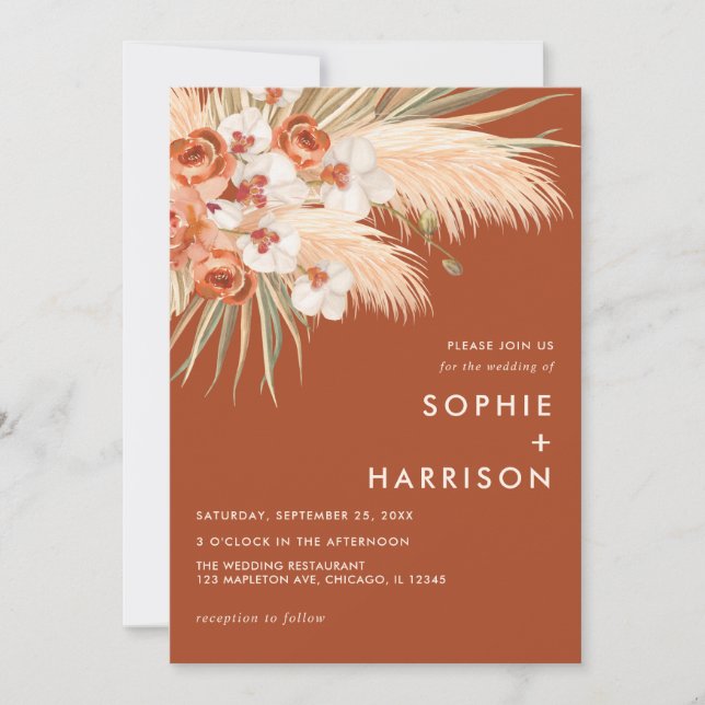 Terracotta Burnt Orange Boho Pampas Grass Wedding Invitation (Front)