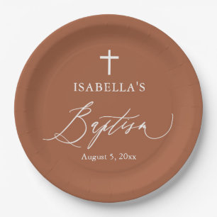 Terracotta Burnt Orange Cross Baptism Party Plates