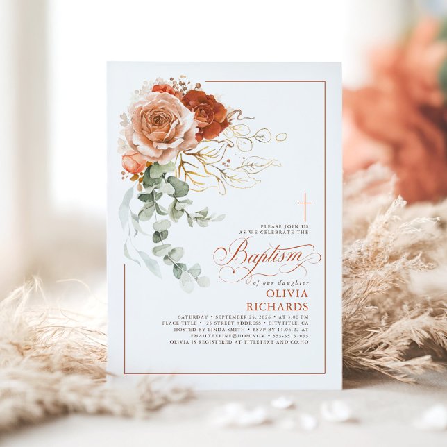 Terracotta Burnt Orange Eucalyptus Floral Baptism Invitation (Terracotta Baptism Invitation)