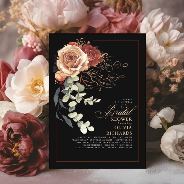 Terracotta Burnt Orange Floral Black Bridal Shower Invitation (Black and Terracotta Floral Bridal Shower Invitations )