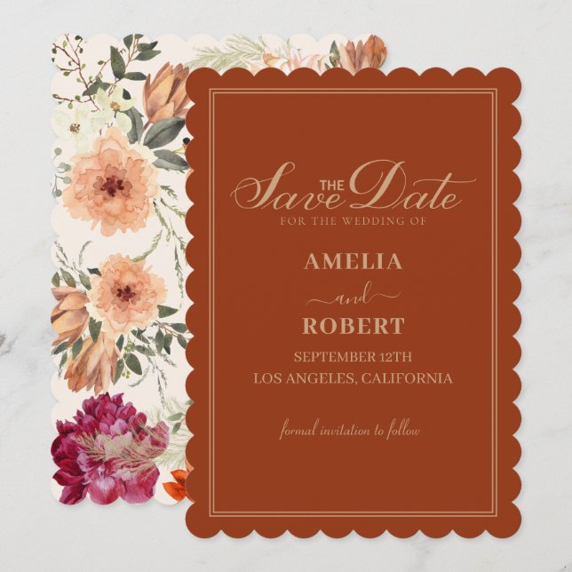 Terracotta burnt orange floral fall wedding  save the date (Front/Back)