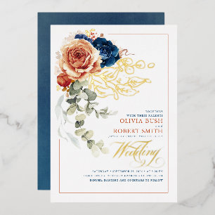 Terracotta Burnt Orange Floral Navy Blue Wedding