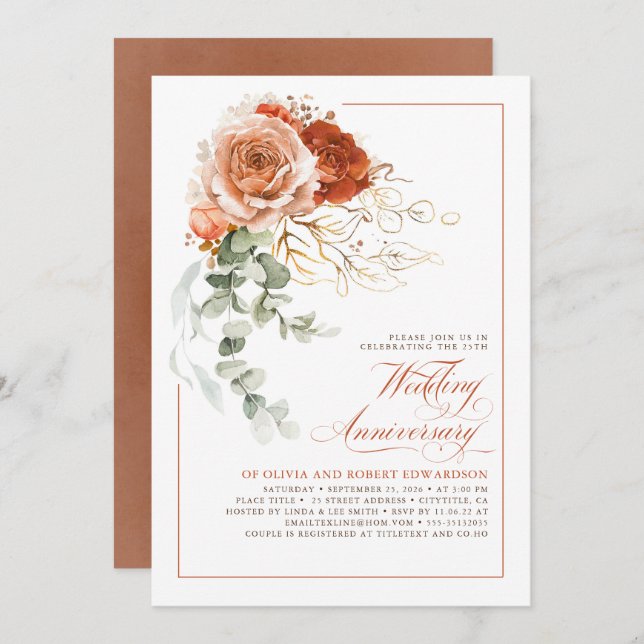 Terracotta Burnt Orange Floral Wedding Anniversary Invitation (Front/Back)
