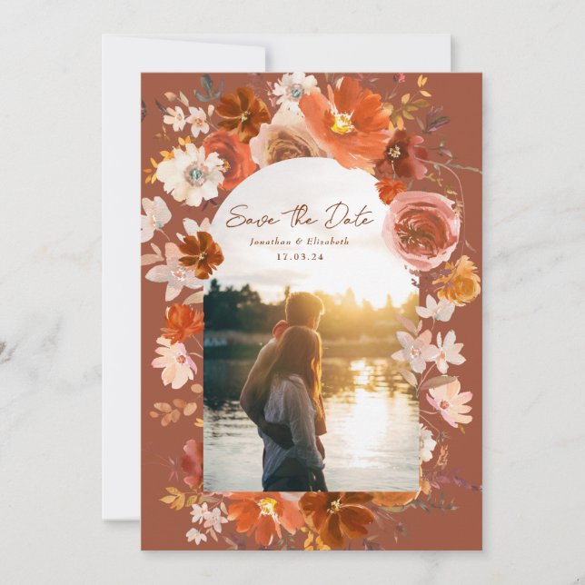 Terracotta Burnt Orange Floral Wedding Arch Photo Save The Date (Front)