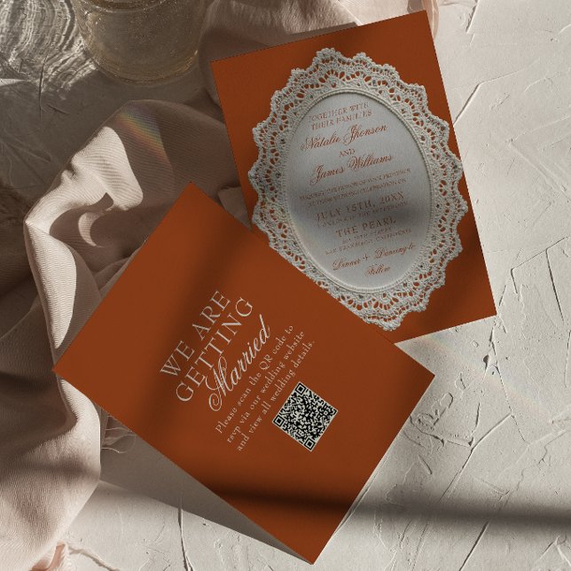 Terracotta Burnt Orange Lace Doily QR Code Wedding Invitation (Creator Uploaded)