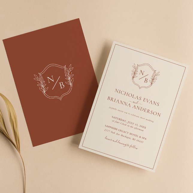 Terracotta Burnt Orange Modern Crest Boho Wedding Invitation (Creator Uploaded)