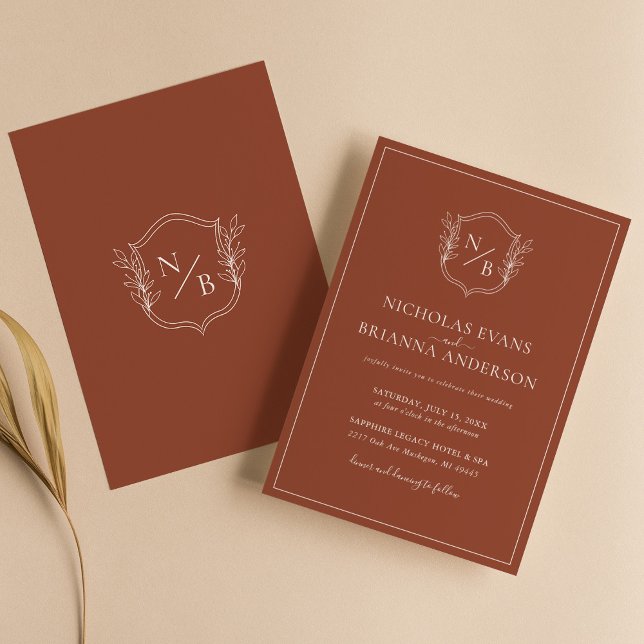 Terracotta Burnt Orange Modern Crest Boho Wedding Invitation (Creator Uploaded)