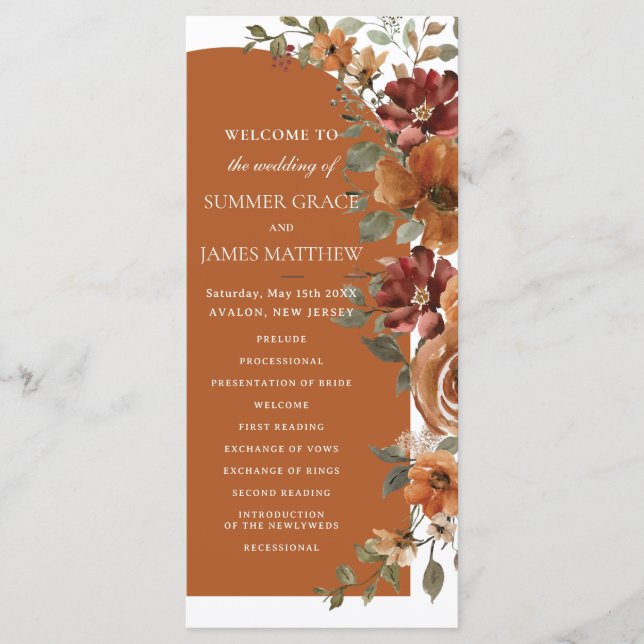Terracotta Burnt Orange Rust Floral Arch Wedding Program (Front)