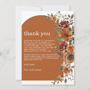 Terracotta Burnt Orange Rust Floral Fall Wedding  Thank You Card