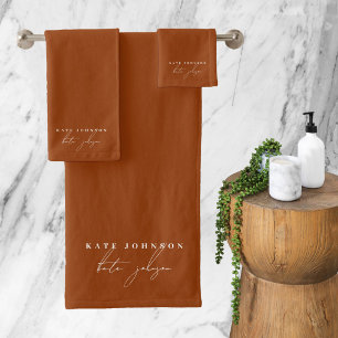 Terracotta Burnt Orange Signature Script Monogram Bath Towel Set