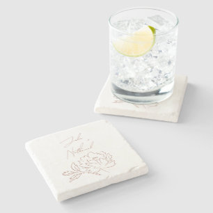Terracotta Burnt Orange Sketched Floral Wedding Stone Coaster