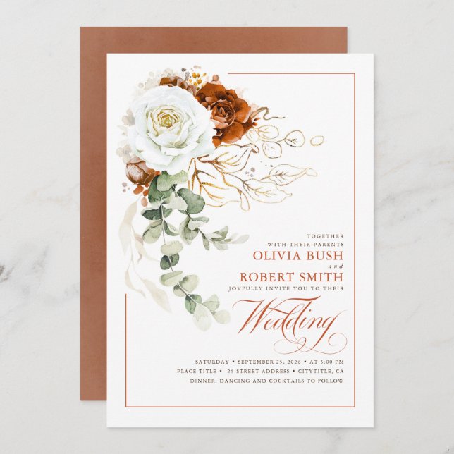 Terracotta Burnt Orange & White Floral Wedding Invitation (Front/Back)