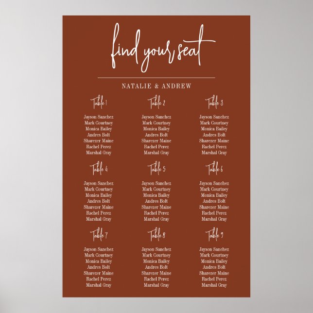 Terracotta Burnt Umber Script 9 Wedding Seat Chart (Front)