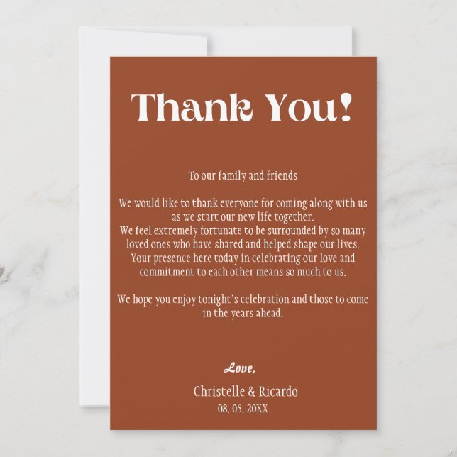 Terracotta  burnt Wedding place setting thank you  Announcement (Front)