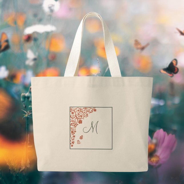 Terracotta Butterfly Garden Sage Script Monogram Large Tote Bag (Creator Uploaded)