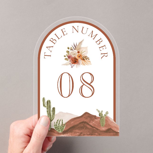 Terracotta Cactus Wedding Acrylic Table Number (Insitu (Handheld))