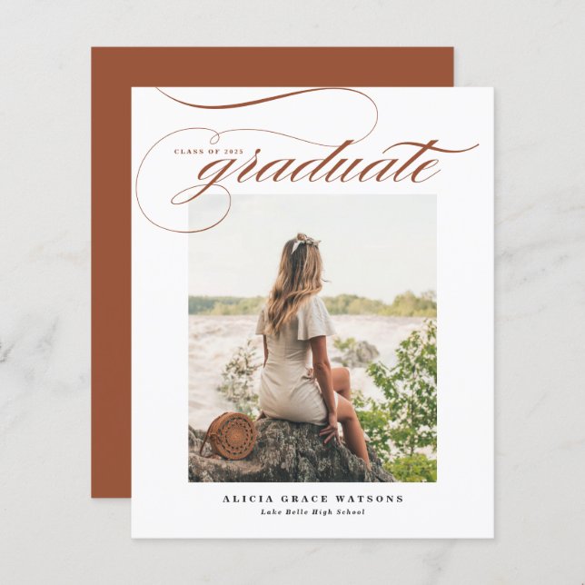 Terracotta Calligraphy Photo Graduation Invitation (Front/Back)