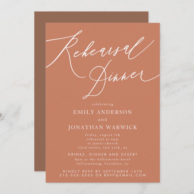 Terracotta Calligraphy Wedding Rehearsal Dinner Invitation (Front/Back)