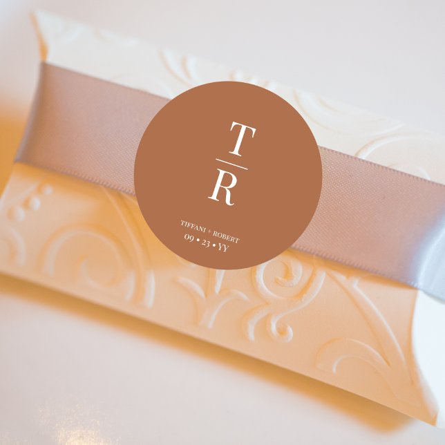 Terracotta Chic Monogrammed Wedding Favour Classic Round Sticker (Creator Uploaded)