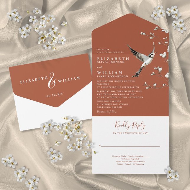 Terracotta Chinoiserie Floral Garden Wedding All In One Invitation (Terracotta Chinoiserie Floral Garden Wedding All In One Invitation)