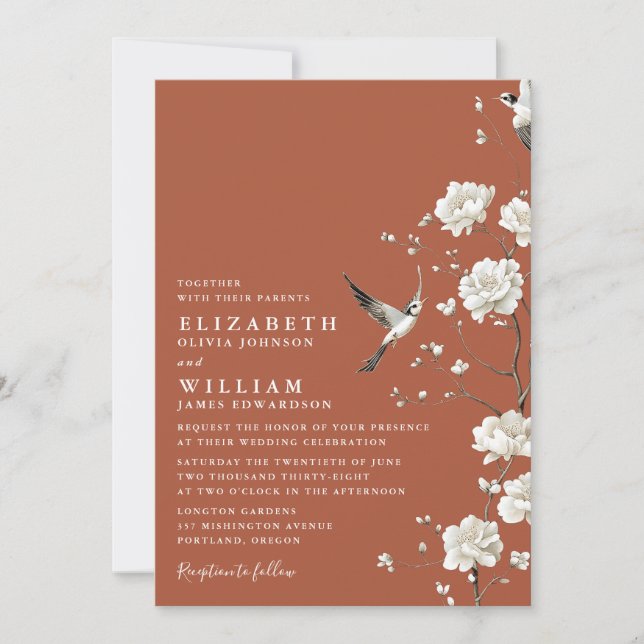 Terracotta Chinoiserie Floral Garden Wedding Invitation (Front)