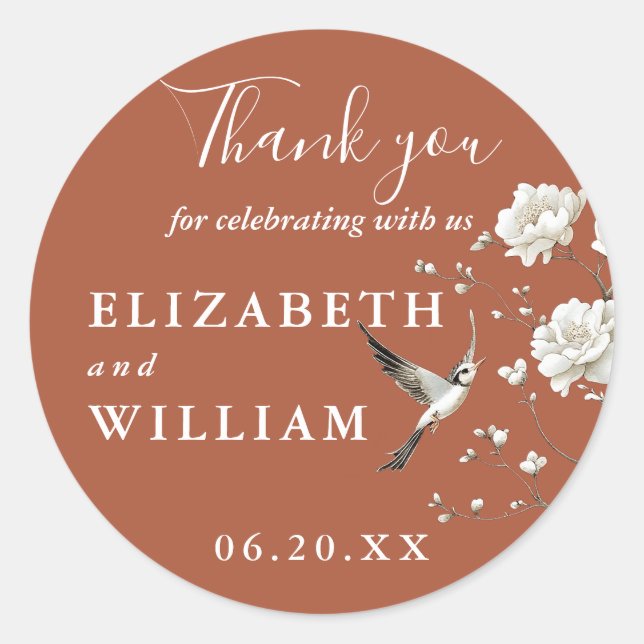 Terracotta Chinoiserie Floral Wedding Thank You Classic Round Sticker (Front)