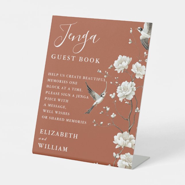 Terracotta Chinoiserie Jenga Guest Book Wedding Pedestal Sign (Front)