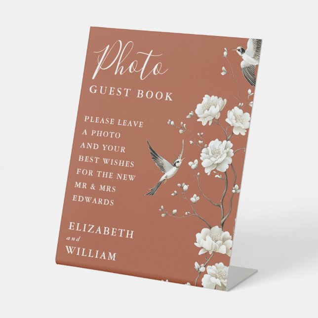 Terracotta Chinoiserie Photo Guest Book Wedding Pedestal Sign (Front)