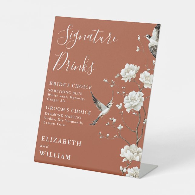 Terracotta Chinoiserie Signature Drinks Wedding Pedestal Sign (Front)