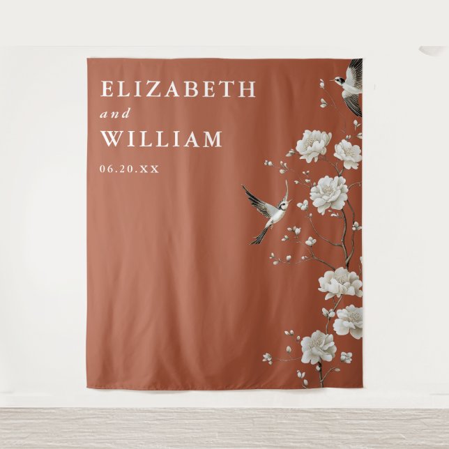 Terracotta Chinoiserie Wedding Photo Backdrop Tapestry (Front)