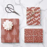 Terracotta Christmas, trees, polka dots holiday Wrapping Paper Sheet<br><div class="desc">Terracotta and white Merry Christmas, trees and polka dots holiday Wrapping Paper Sheets. The first sheet features white winter trees on terracotta background. The second showcases the text :"Merry Christmas" in bold typography and the third displays polka dots-snow. Personalise it with your text. Please note that if your text takes...</div>