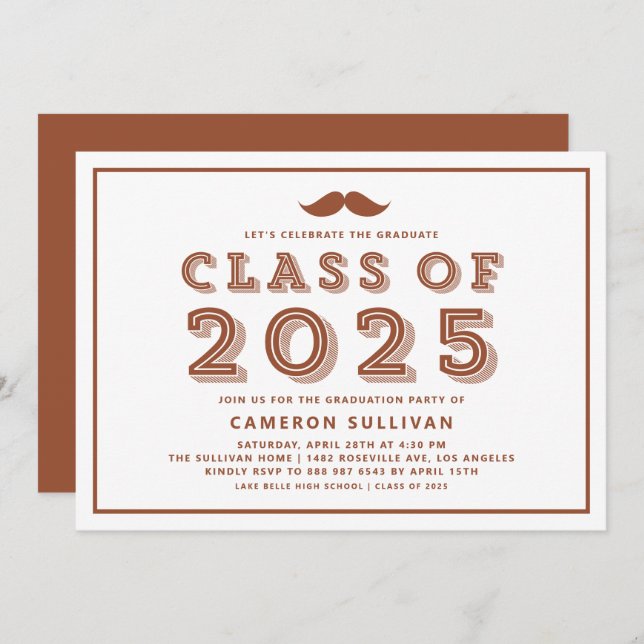 Terracotta Class of 2025 Moustache Retro Graduatio Invitation (Front/Back)