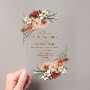 Terracotta & Clay Fall Floral Geometric Wedding Acrylic Invitations
