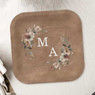 Terracotta Clay Floral Wreath Wedding Monogram Paper Plate