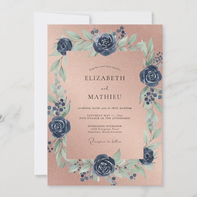 Terracotta Cobalt Rose Wedding Invitation (Front)