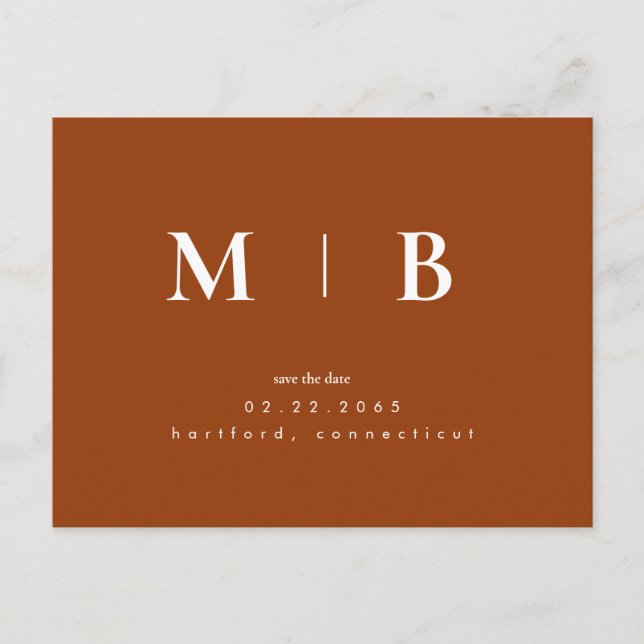 Terracotta Contemporary Monogram Save the Date Postcard (Front)