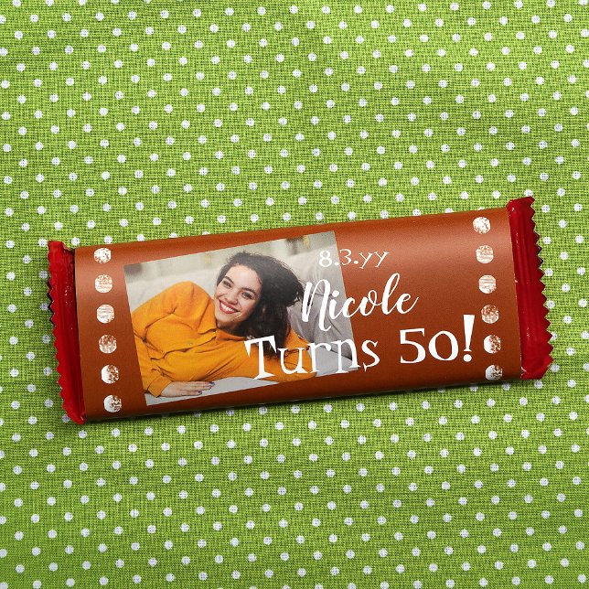 Terracotta Copper 50th Birthday Candy Bar Wrapper (gold terracotta copper hawaii 5-0 50th birthday party personalized chocolate candy bar wrapper label)
