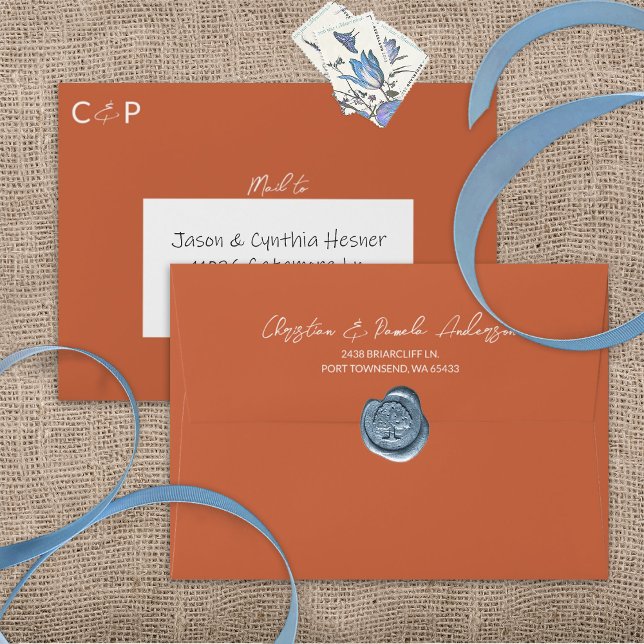 Terracotta, Copper, Rust Pre-Addressed Wedding Envelope (Terracotta clay pots, rust, burnt orange 5x7 wedding invitation envelopes with address pre printed)