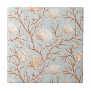 Terracotta Coral Seashell Powder Blue Ocean Ceramic Tile