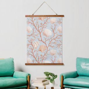 Terracotta Coral Seashell Powder Blue Ocean Hanging Tapestry