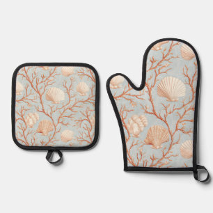 Terracotta Coral Seashell Powder Blue Ocean Oven Mitt & Pot Holder Set
