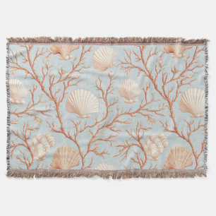 Terracotta Coral Seashell Powder Blue Ocean Throw Blanket