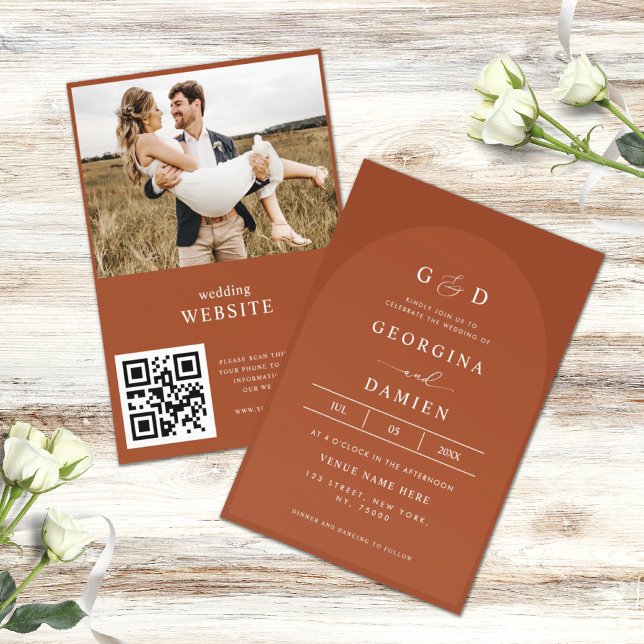 Terracotta Coriander Boho Photo QR Code Wedding Invitation (Creator Uploaded)