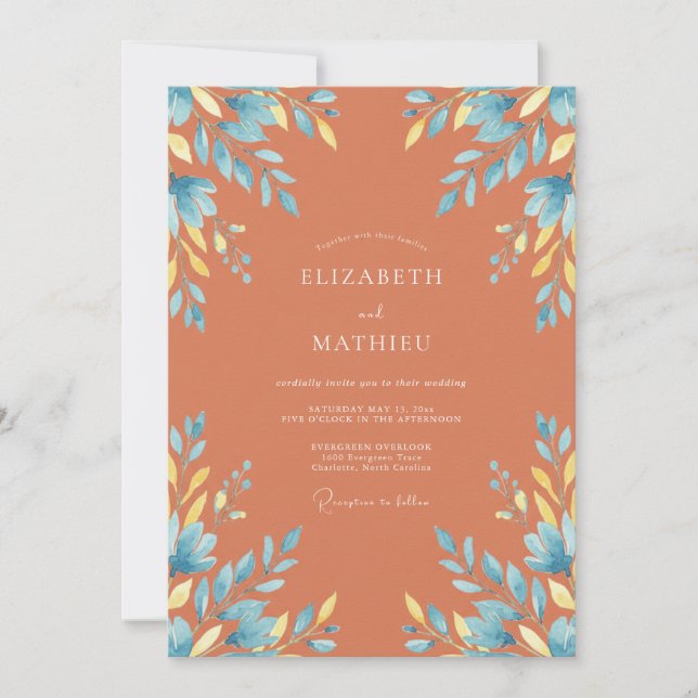 Terracotta Cornflower Leafy Wedding Invitation (Front)