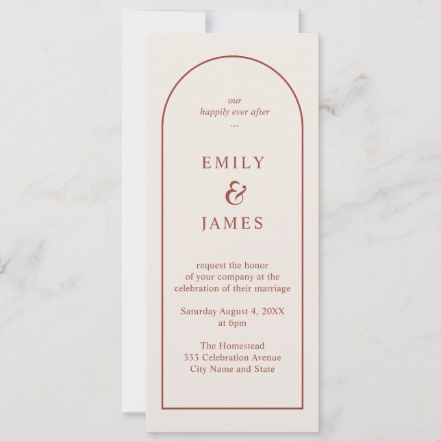 Terracotta & Cream Arch Minimalist Long Wedding Invitation (Front)